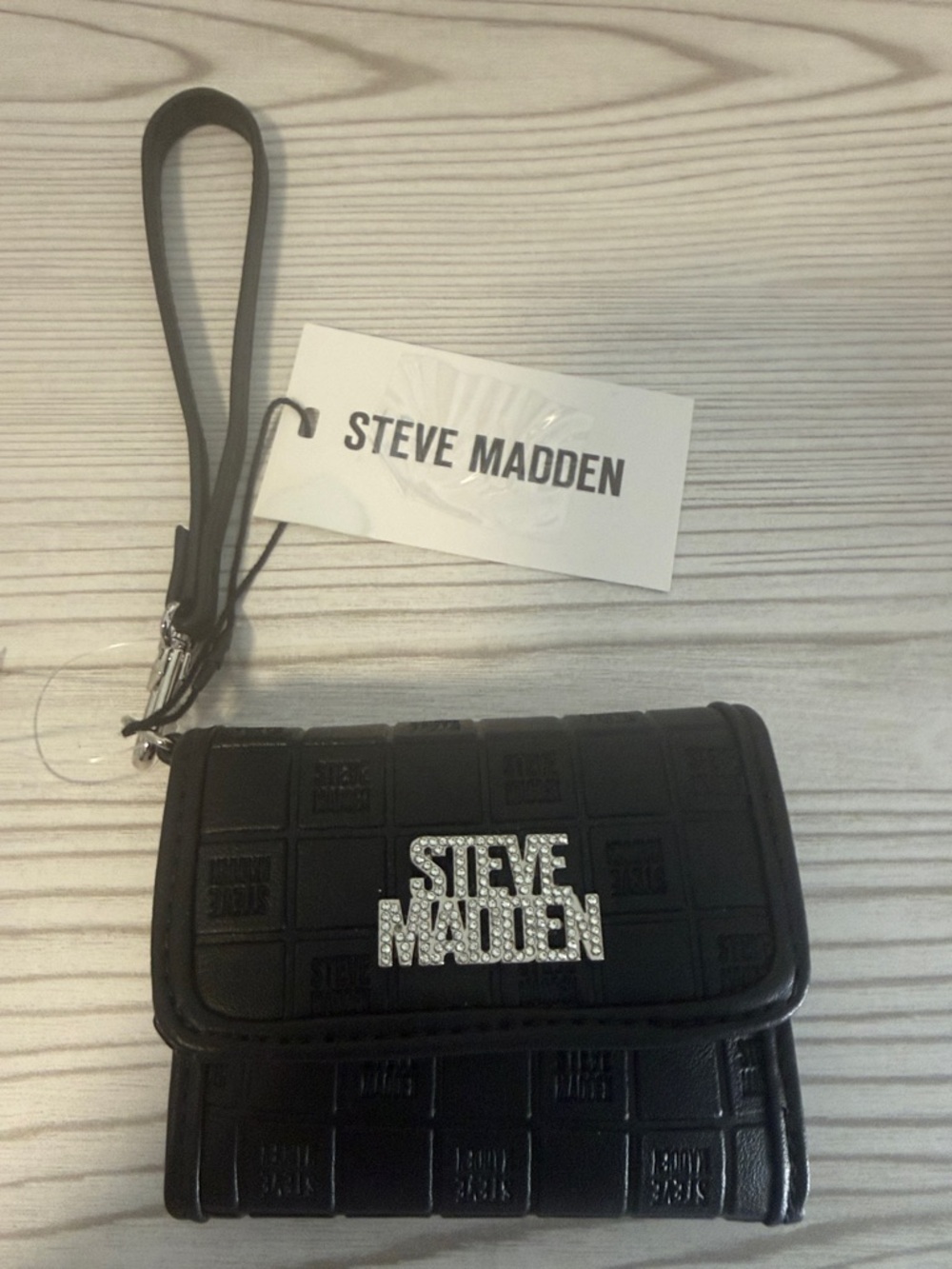 Steve Madden Black Crystal Logo Wristlet Wallet
